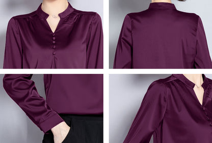 Solid Purple V-neck Long Sleeves Stain Shirt Blouse