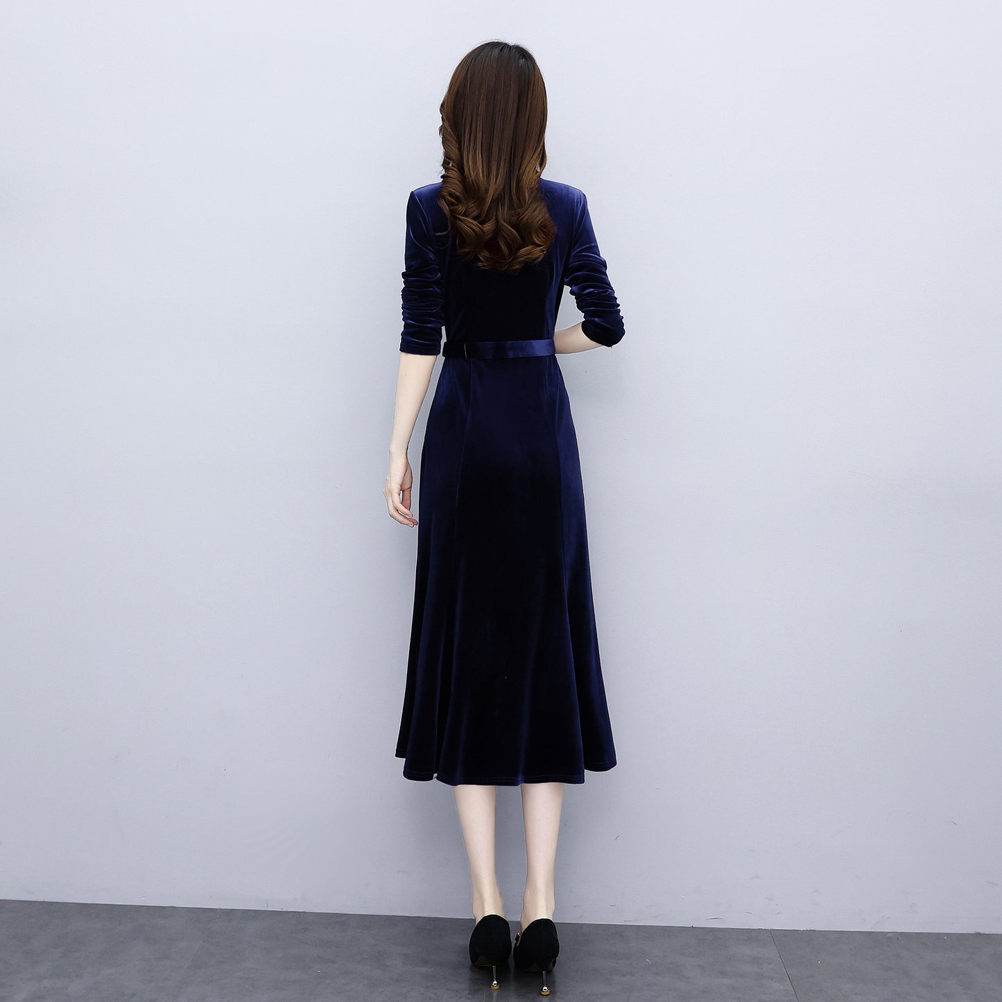 Women Blue Red Velvet Long Sleeve A-line Dress Coat
