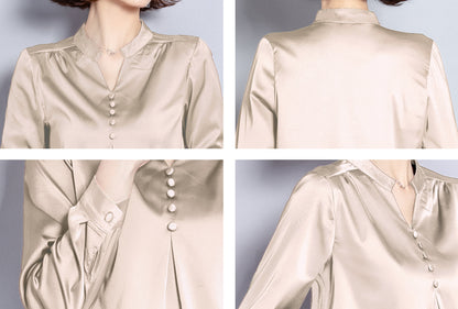 Solid V-neck Long Sleeves Stain Shirt Blouse