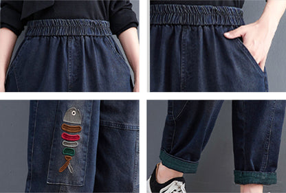Harem Denim Pants Elastic Waist with Pocket