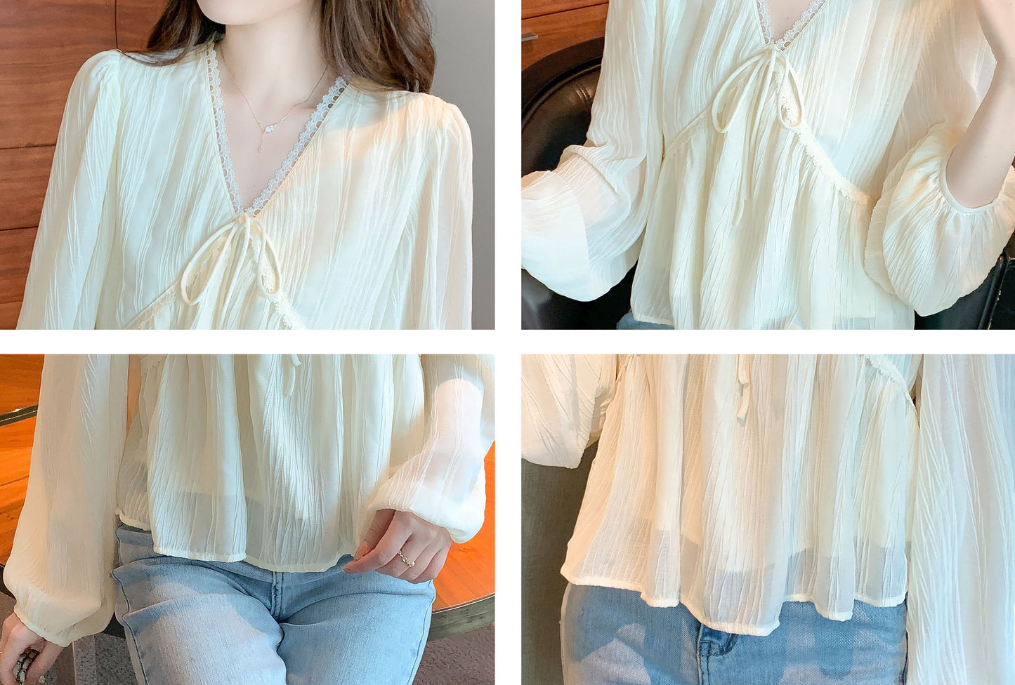 White Solid Lace v-neck Long puff Sleeve Tie Frill Trim Blouse
