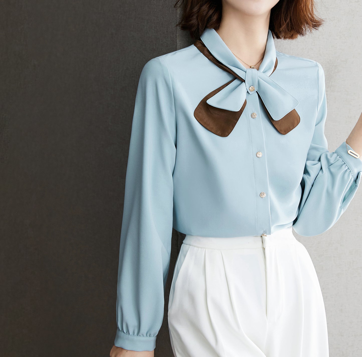 Solid Color Bow Tie 3/4 Sleeve Button up Shirt Blouse
