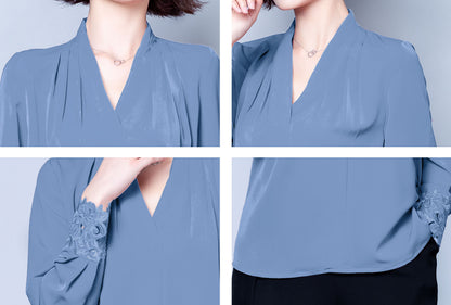 Blue Solid Embroidery V-neck Long Sleeves Stain Shirt Blouse