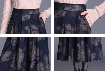 Blue High Waist Print Midi Skirt with Pocket