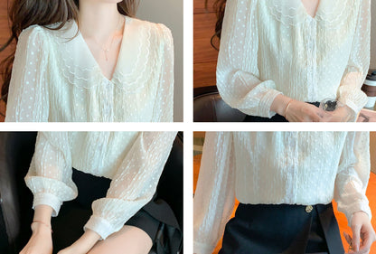 White Solid Lace Doll collar Long Sleeve Button-Front Frill Trim Blouse