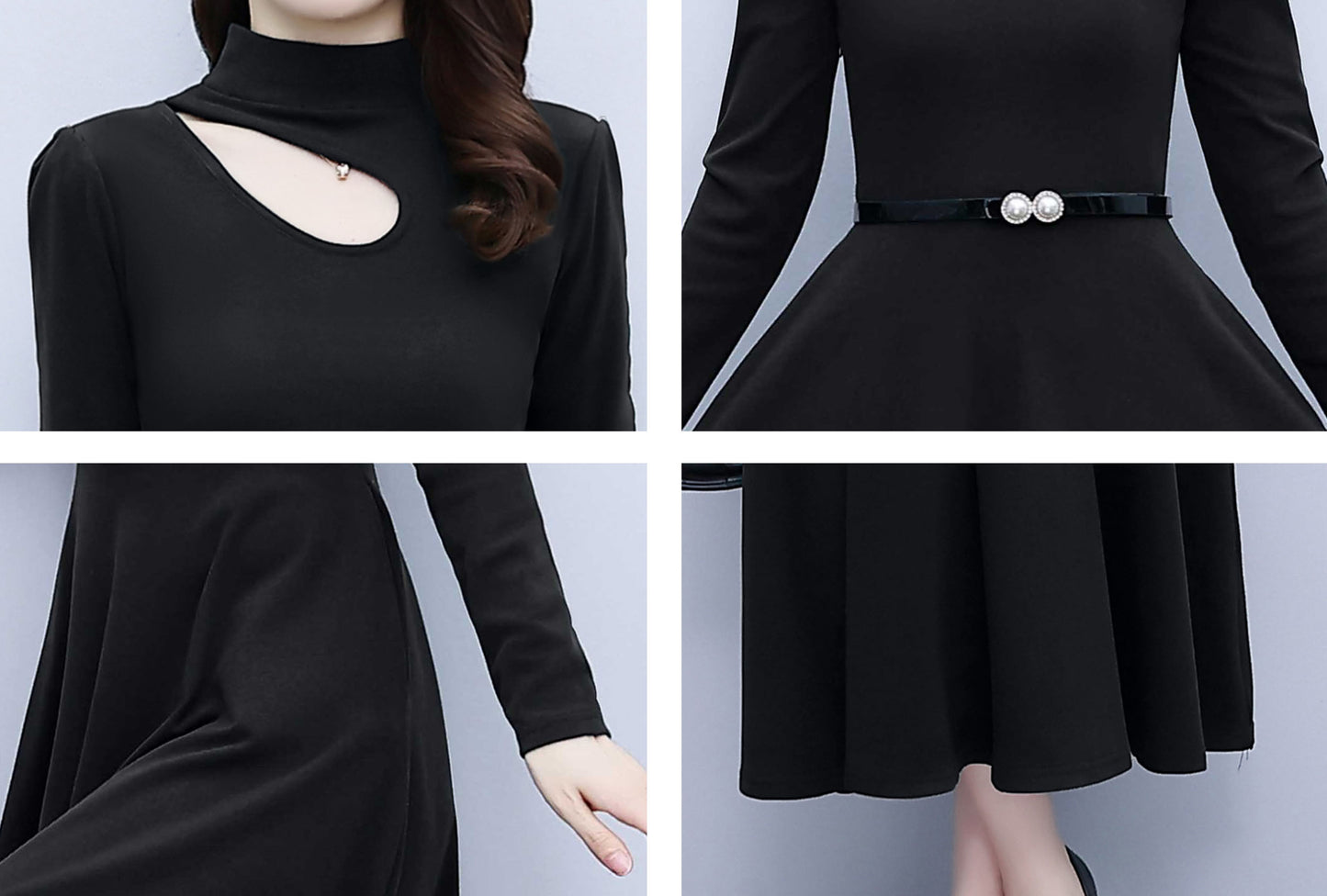 Black Tunic Elasity Solid Long sleeves High Neck Midi Dress