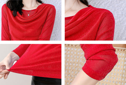 Red Round Neck Long Sleeve Solid Blouse