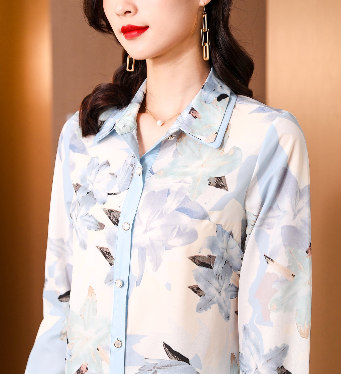 Light Blue Floral Pattern Long Sleeve Shirt Collar Print Blouse