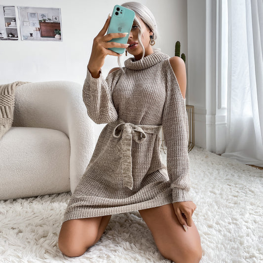 Women Turtleneck Loose Knit Long sleeve Mini Sweater Dress Pullover Dress Matching Belt