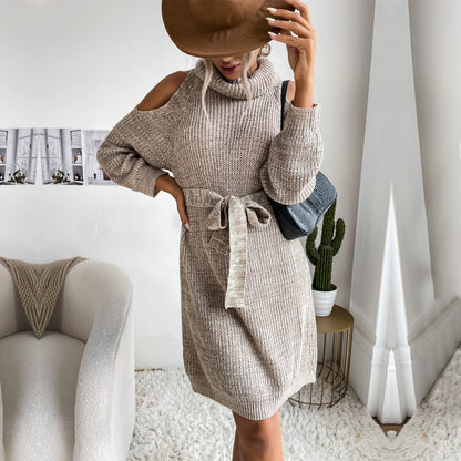 Women Turtleneck Loose Knit Long sleeve Mini Sweater Dress Pullover Dress Matching Belt