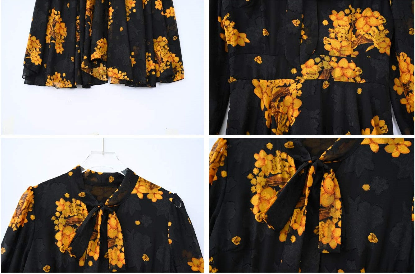 Classic Black Dress Yellow Floral Pattern V-Neck with Tie Maxi Dress - LAI MENG FIVE CATS