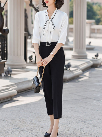 White & Black Long Sleeve Button-Up Blouse With Bow Tie - LAI MENG FIVE CATS