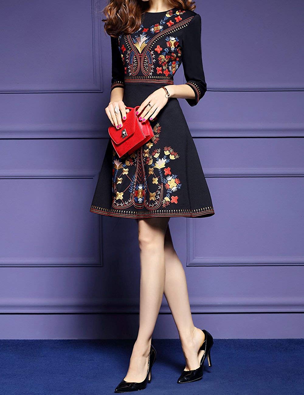 Women's Embroidered Floral Round Neck Cocktail Midi Dress - LAI MENG FIVE CATS