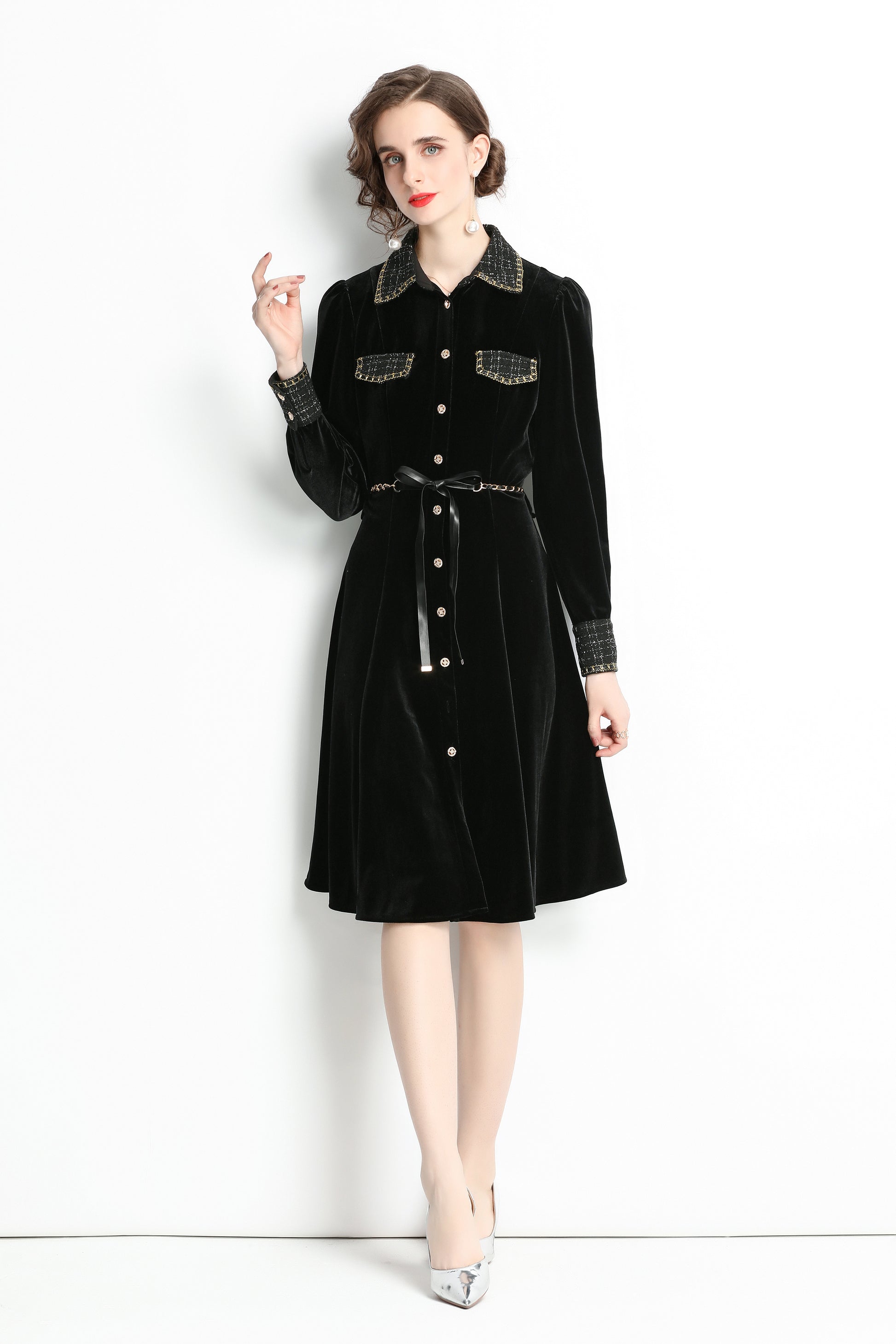 Women Black Velvet Long Sleeve A-line Dress Coat - LAI MENG FIVE CATS