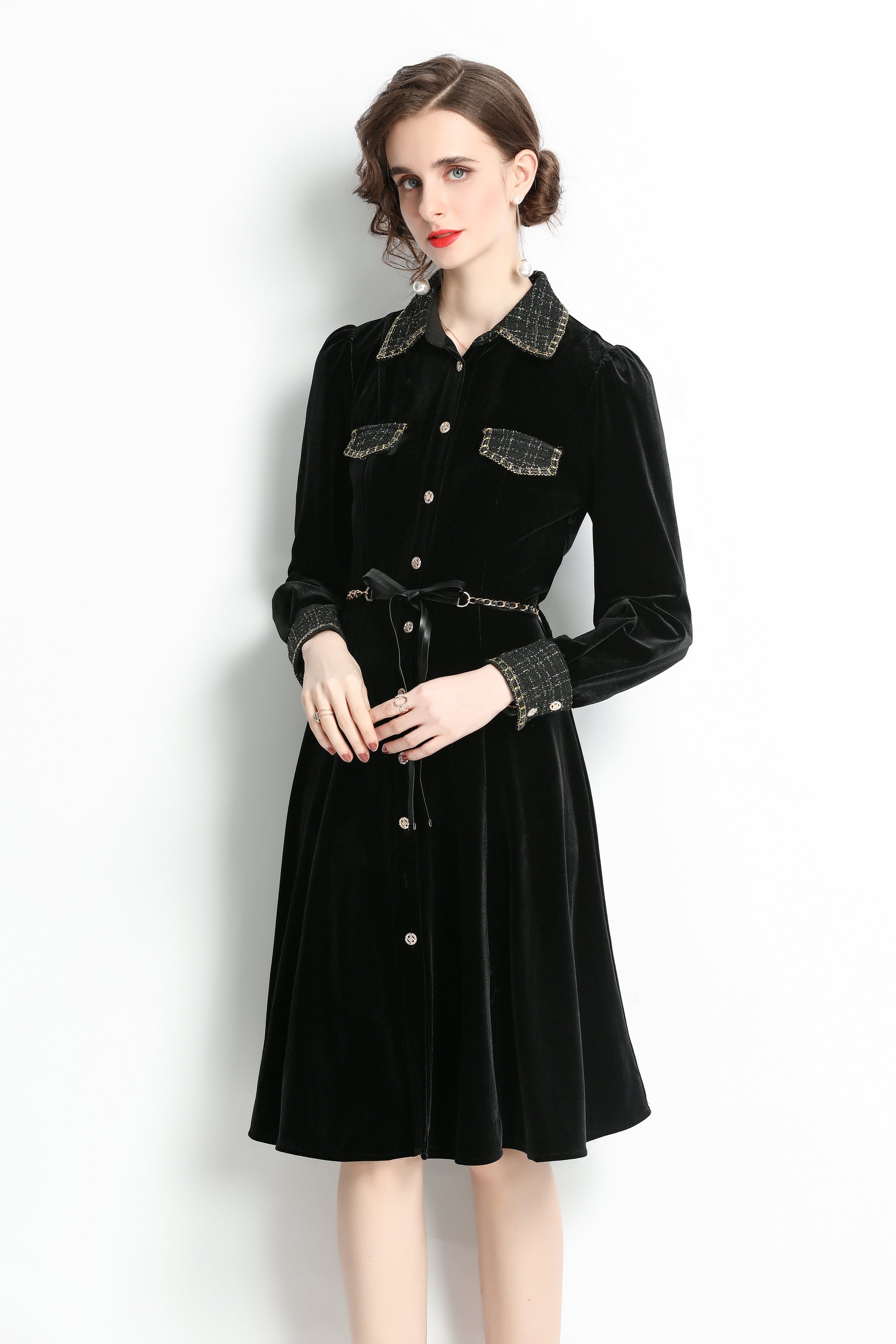 Women Black Velvet Long Sleeve A-line Dress Coat - LAI MENG FIVE CATS