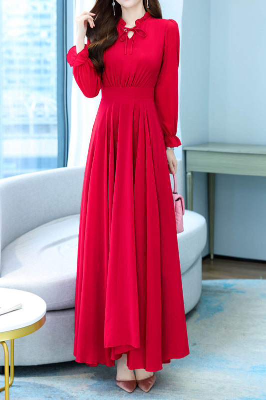 Tie Neck Long Sleeves Solid Maxi Dress