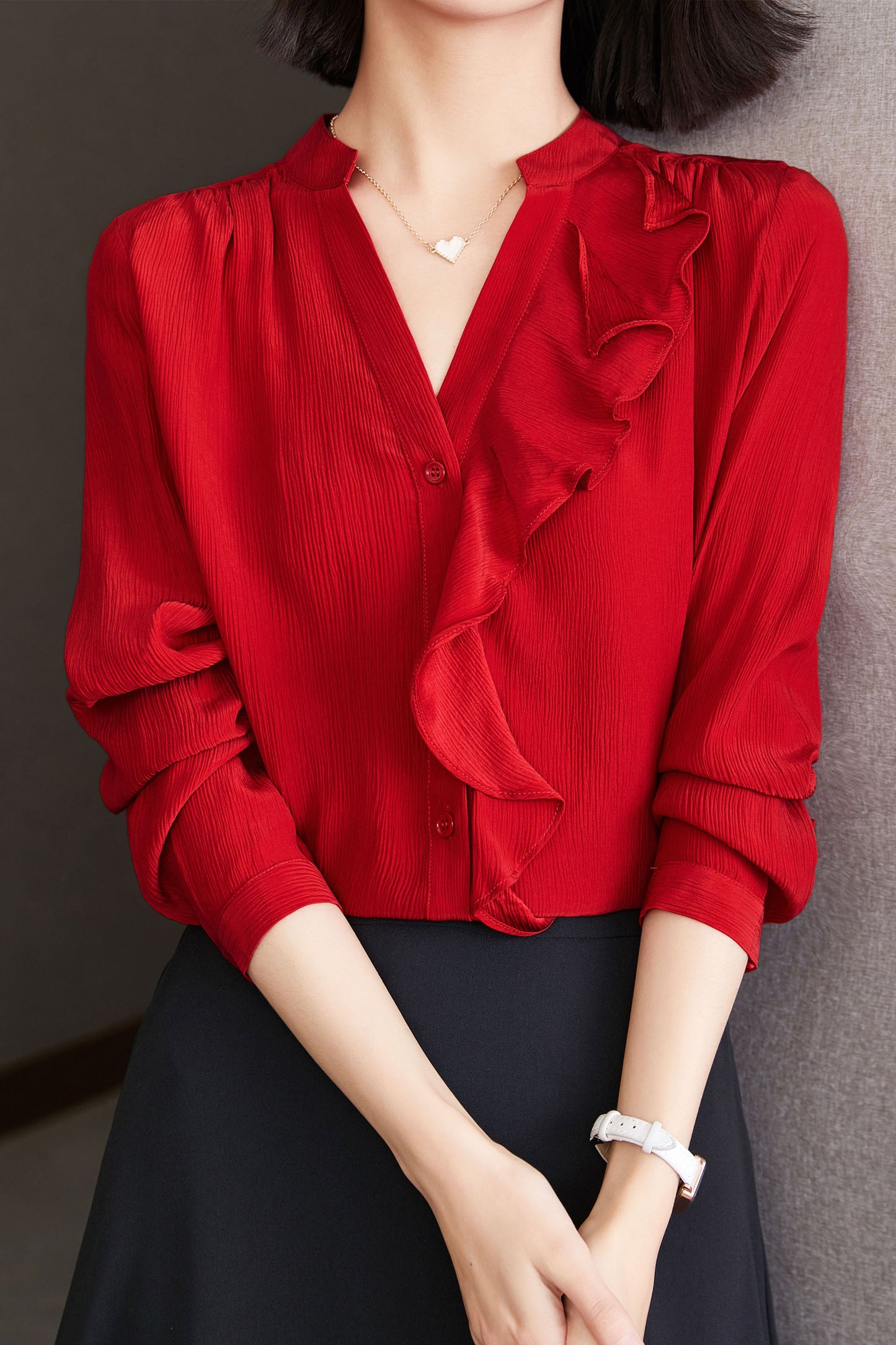 Red V-Neck Ruffle Long Sleeve Solid Blouse