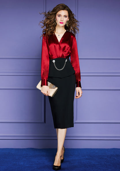 Women V-Neck Elegant Long Sleeve Office Midi Dress