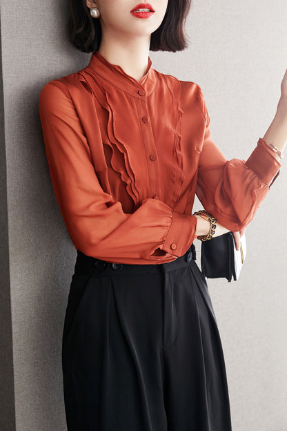 Collared Ruffle Long Sleeve Solid Blouse