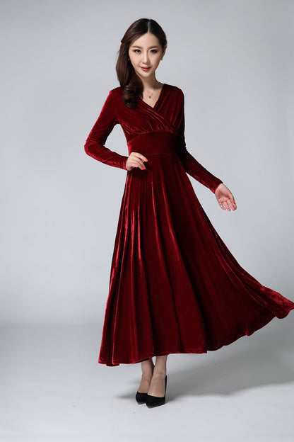 Women Blue Black Red Velvet Long Sleeve A-line Dress