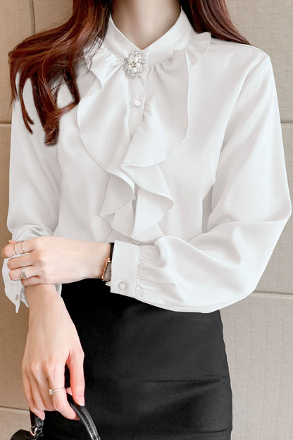 White Collared Ruffle Long Sleeve Solid Blouse