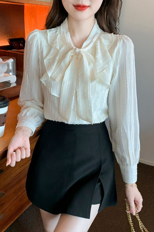 Tie Neck Ruffle Long Sleeve Solid Blouse