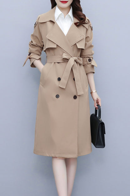 Apricot 3/4 Length Double-Breasted Outerwear Trench Coat with Belt