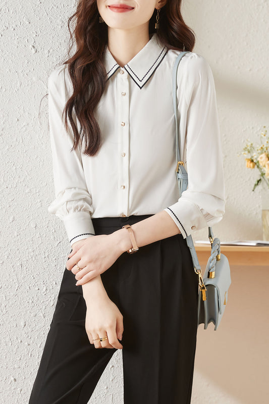 White Collared Neck Long Sleeve Button up Solid Blouse
