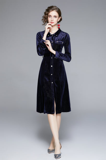 Women Blue Black Red Velvet Long Sleeve A-line Dress Coat - LAI MENG FIVE CATS
