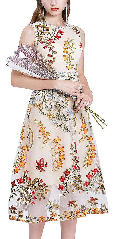 Womens Embroidered Mesh Midi Dress