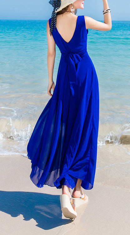 Classic Solid Color V-Neck Sleeveless Elegant Maxi Dress
