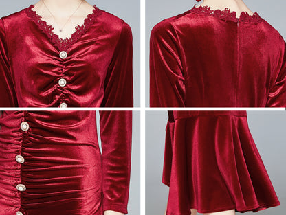 Women Red Velvet Long Sleeve Dress Coat - LAI MENG FIVE CATS