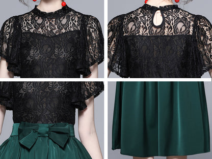 Rounded Collar Lace Top 2 in 1 Elegant A Line Midi Dress