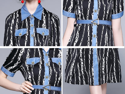 Front button Closure Stitching Style  Midi Denim Dress with Belt