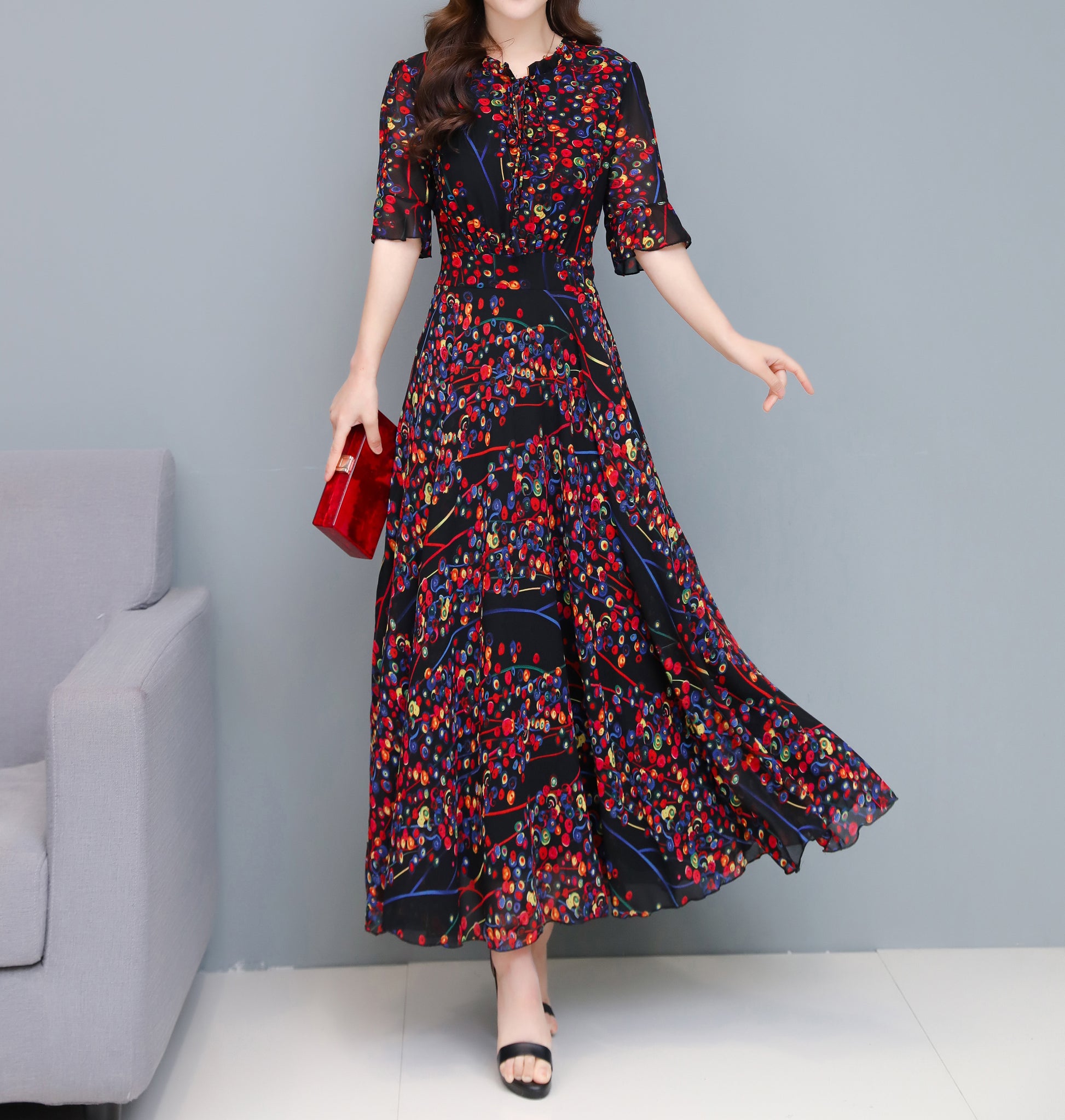 Blue ＆ Red Floral Pattern Tie Neck Maxi Print Dress - LAI MENG FIVE CATS