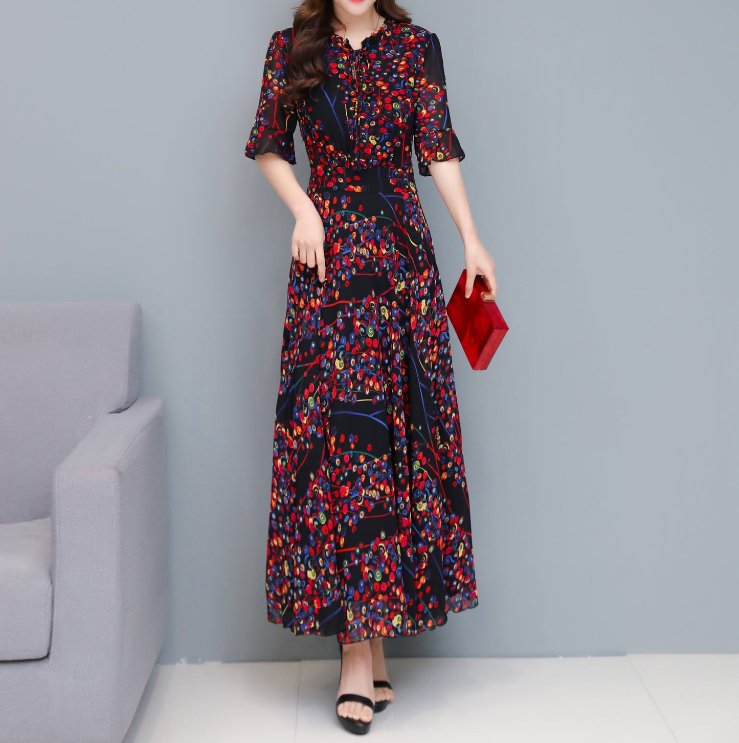 Blue ＆ Red Floral Pattern Tie Neck Maxi Print Dress - LAI MENG FIVE CATS