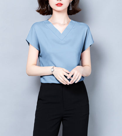 Stain Solid Color Short Sleeve Button-Down Shirt Blouse