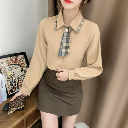 Women's Khaki Shirt with Bow Tie Front Button Solid Blouse