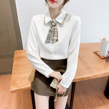 Women's White Shirt with Bow Tie Front Button Solid Blouse