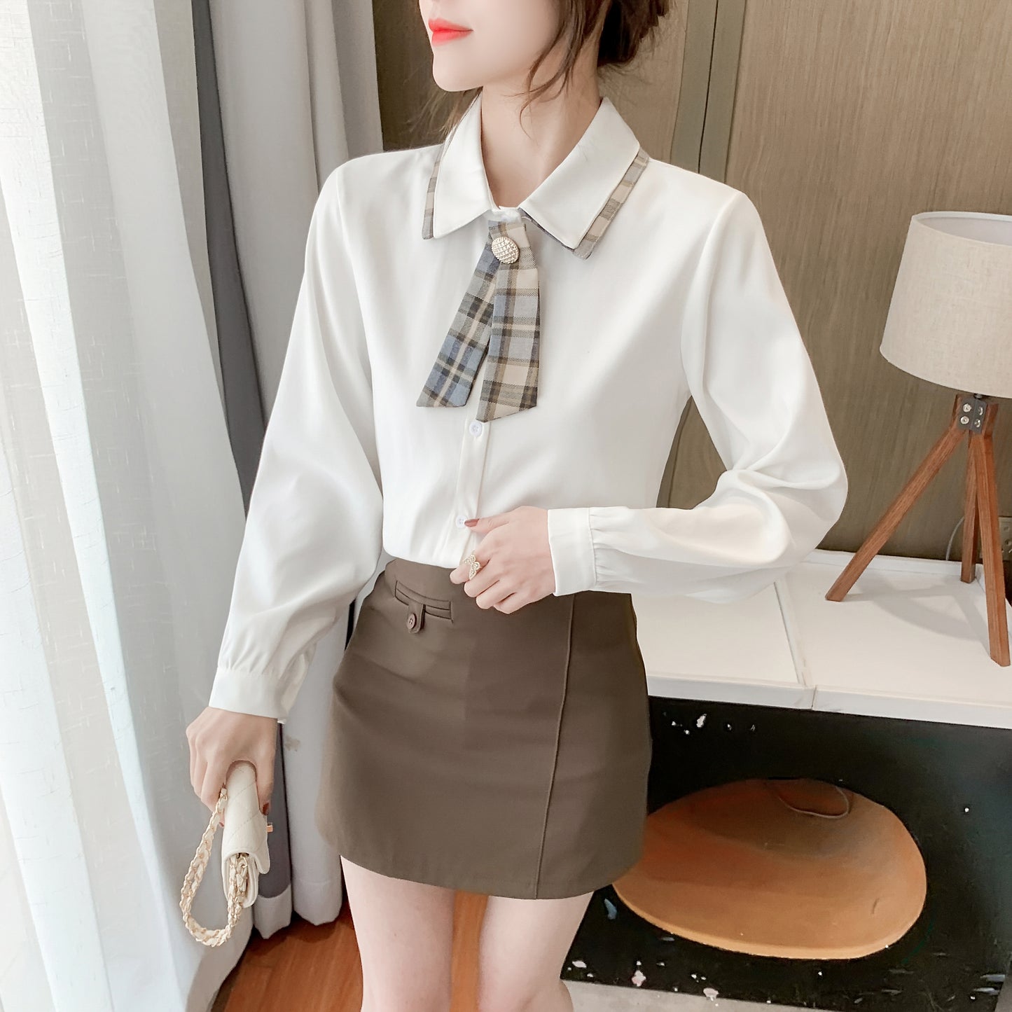 Women's White Shirt with Bow Tie Front Button Solid Blouse