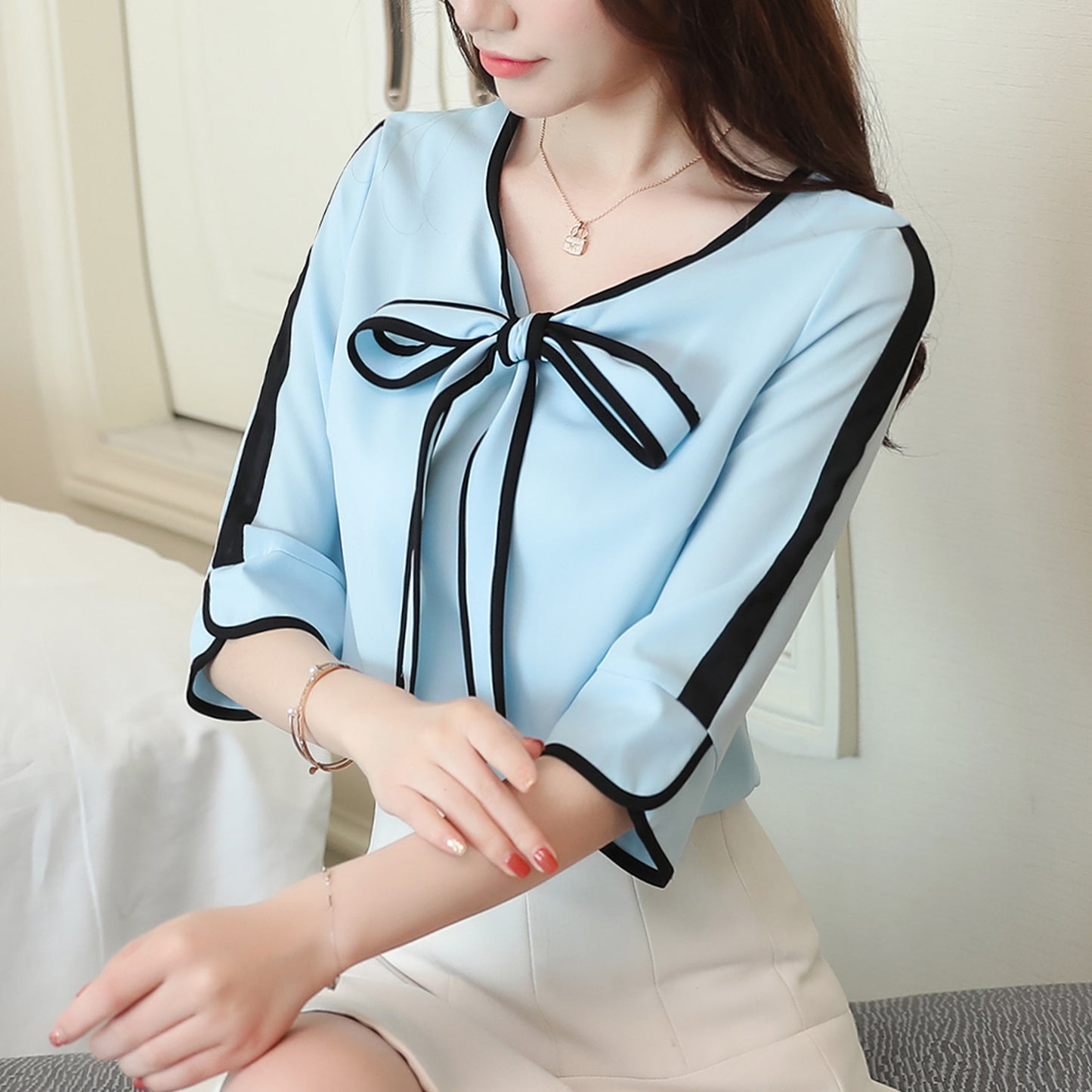 Tie Bow Solid Color Short Sleeve Button-Down Shirt Blouse