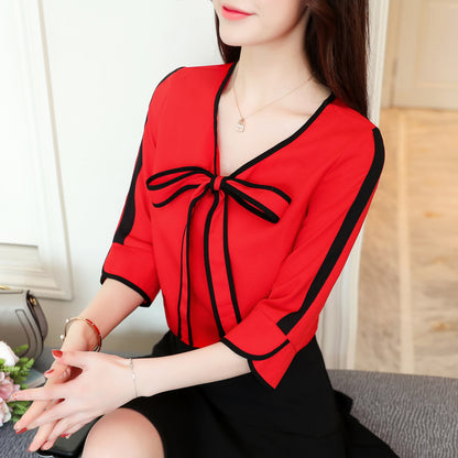 Tie Bow Solid Color Short Sleeve Button-Down Shirt Blouse