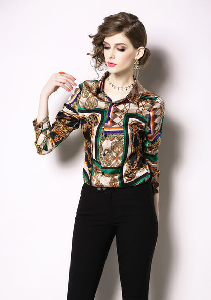 Women's Elegant Baroque Print Button Up Casual Shirt - LAI MENG FIVE CATS