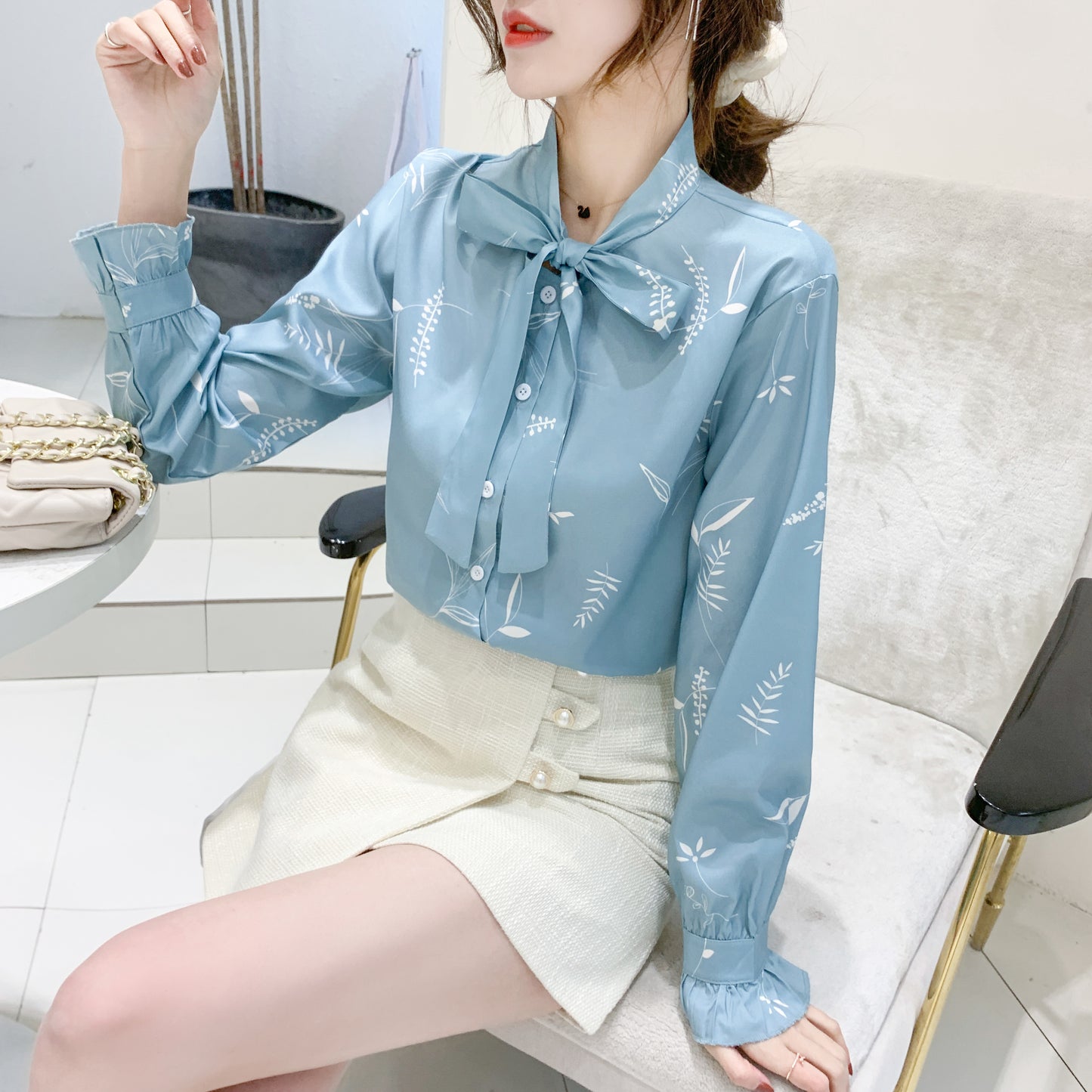 Pattern Bow Tie Long Sleeve Button up Shirt Blouse