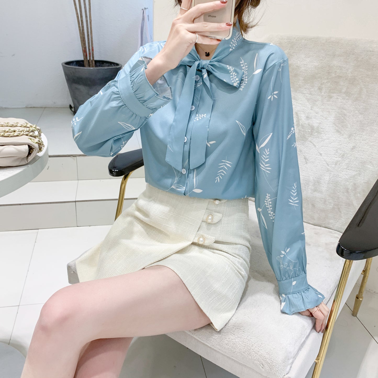 Pattern Bow Tie Long Sleeve Button up Shirt Blouse