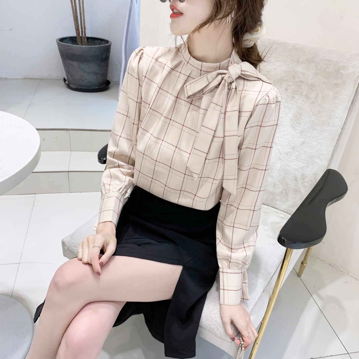 Checkered pattern Bow Tie Long Sleeve Top