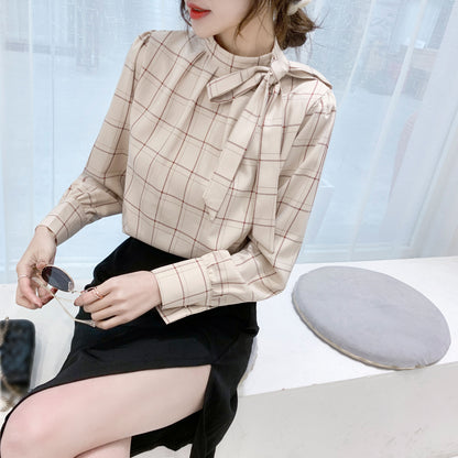 Checkered pattern Bow Tie Long Sleeve Top