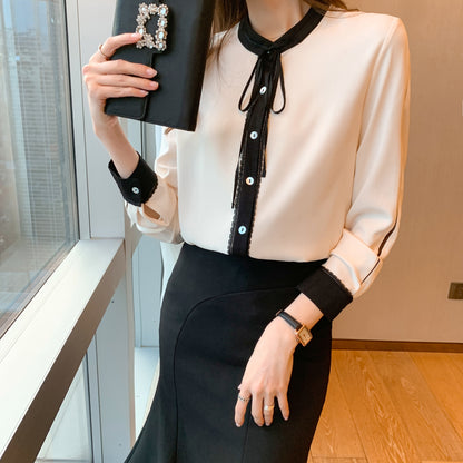 Solid Color Bow Tie Long Sleeve Button up Shirt Blouse