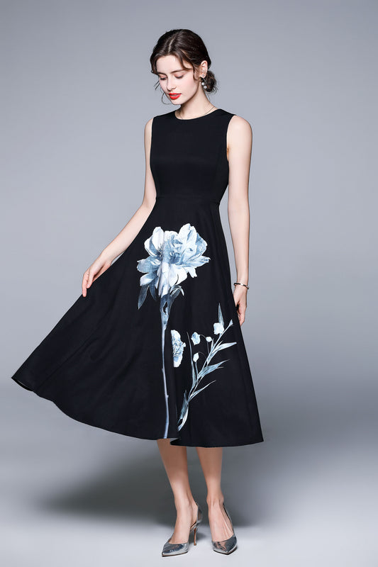 Black Floral Print ELegant Cocktail Dress - LAI MENG FIVE CATS