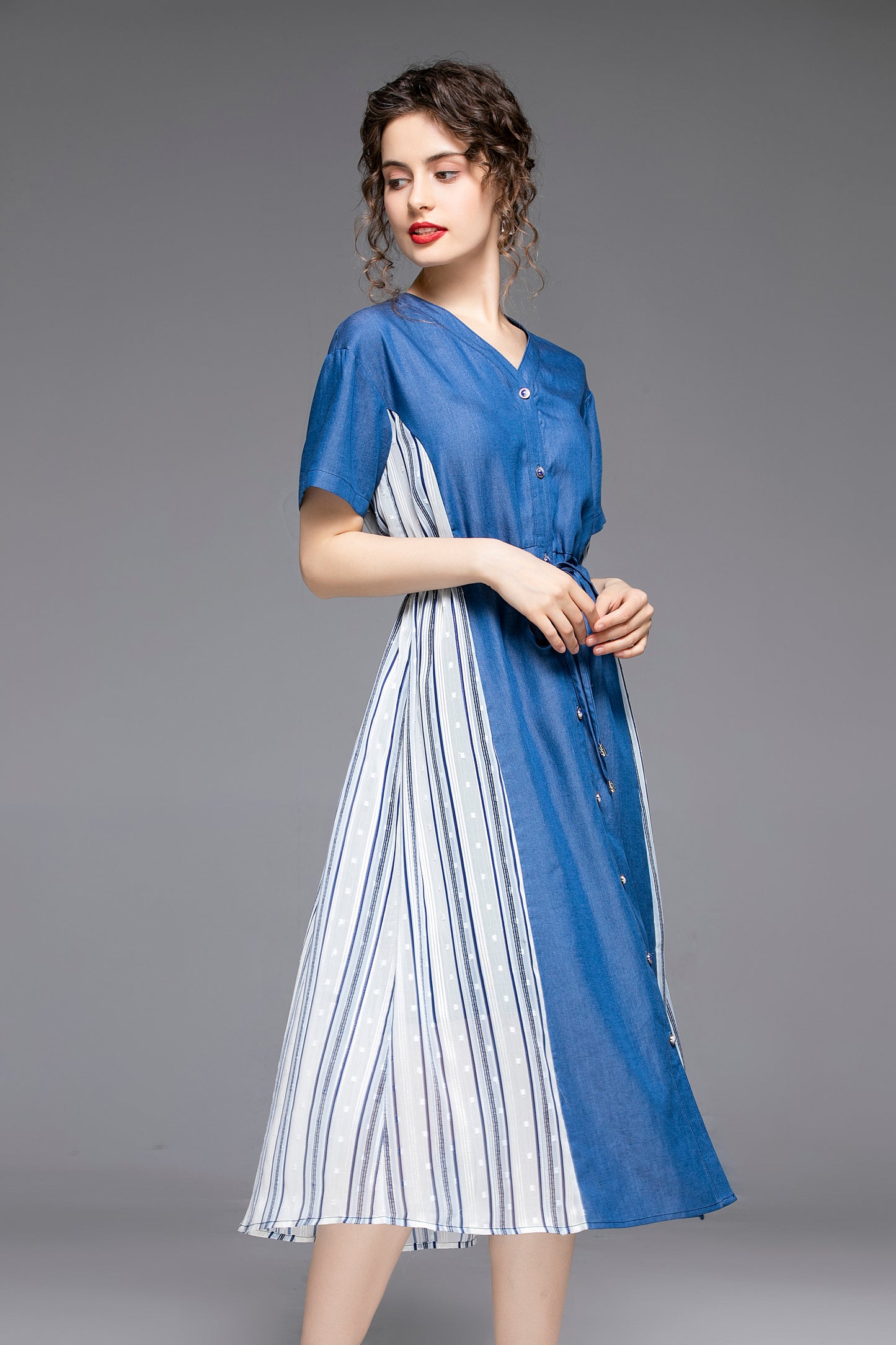 V-neck Front Button Stitching style Blue Denim Dress